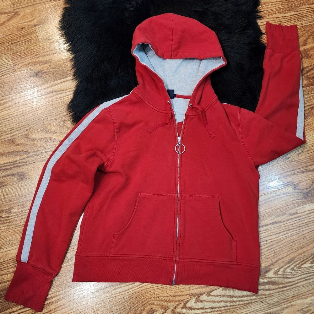 Vintage GAPSTRETCH Red Zip-up Hoodie With Gray Stripes Size L